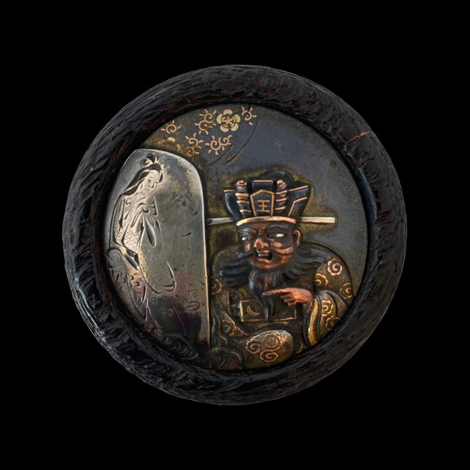 Netsuké Manju « Notable Barbu » en Bois Sculpté Signé (Japon) - Première Moitié du XIXe siècle