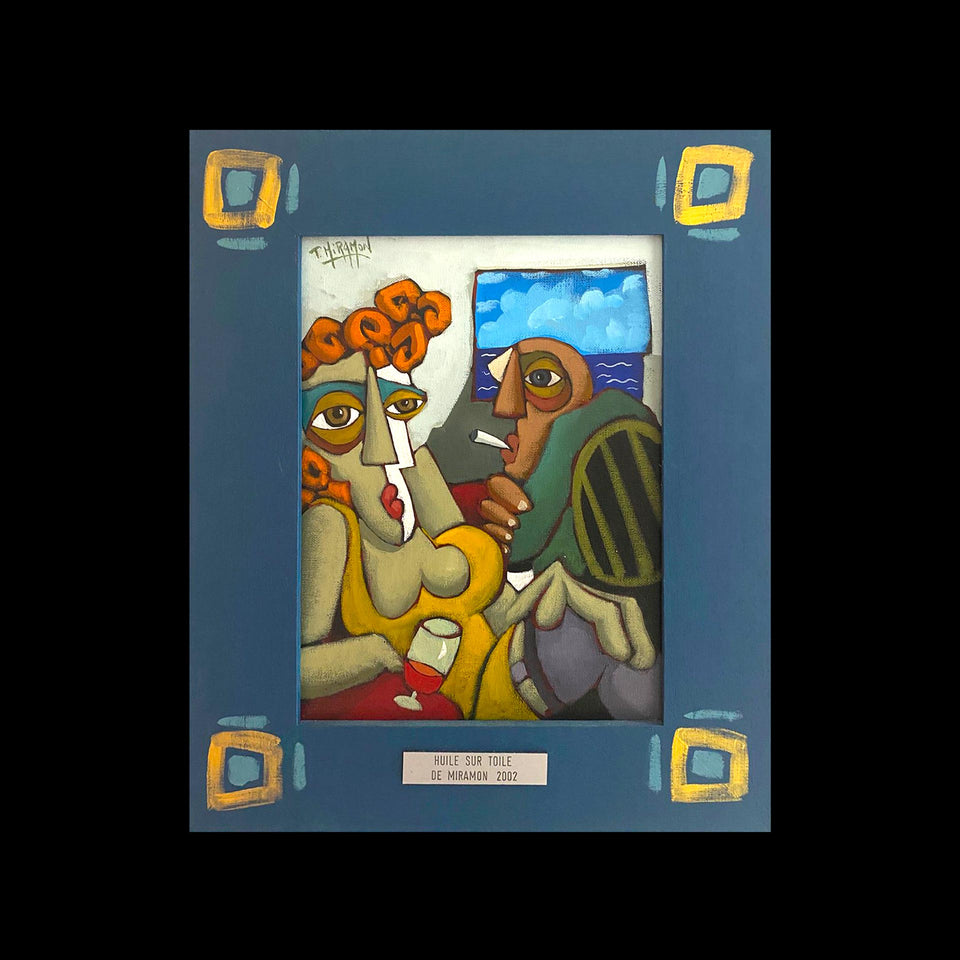 Peinture à l'Huile « Couple dans un Bar » sur Toile Signée Thierry MIRAMON (France) - XXe siècle