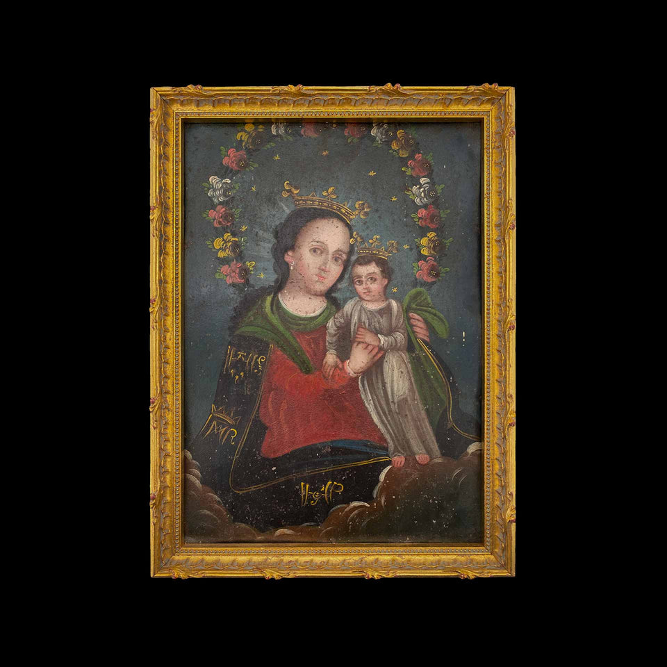 Vierge à l’Enfant Peinte sur Fer (Méxique) - XVIIe siècle