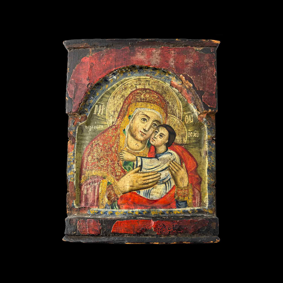 Icône "Vierge à l'Enfant" Peinte sur Panneau de Bois (Russie) - XVIIIe siècle