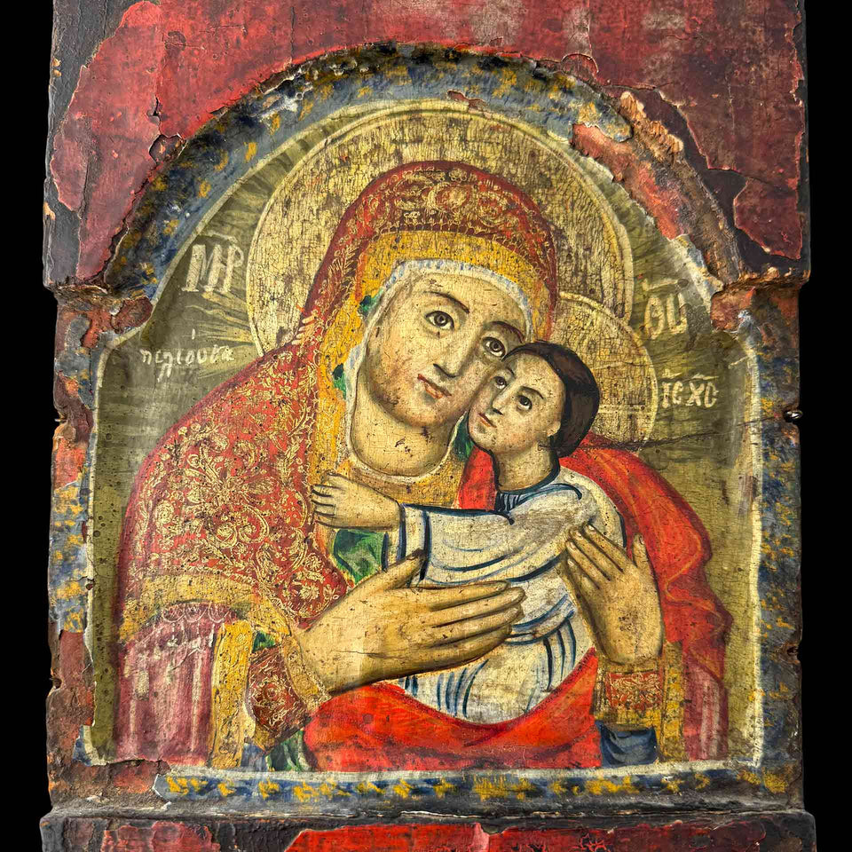 Icône "Vierge à l'Enfant" Peinte sur Panneau de Bois (Russie) - XVIIIe siècle