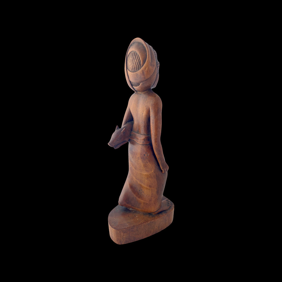 Statuette Femme et son Porcelet en Bois Sculpté (Bali) - Années 1930