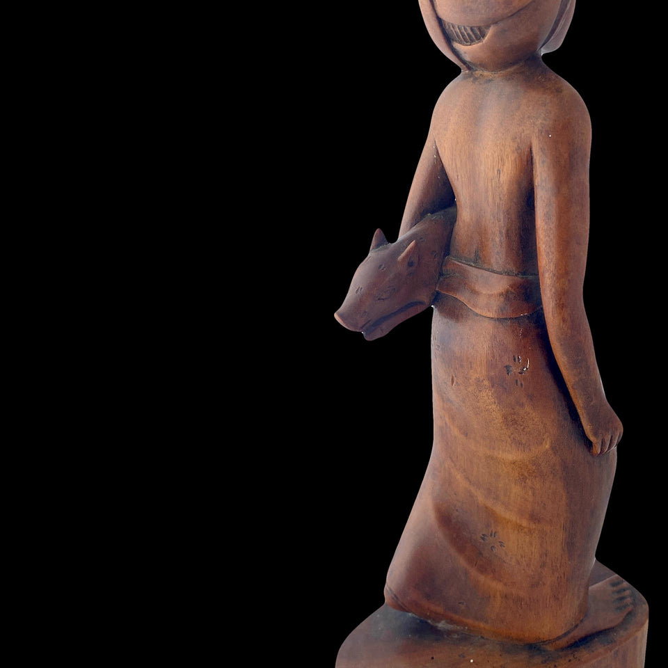 Statuette Femme et son Porcelet en Bois Sculpté (Bali) - Années 1930