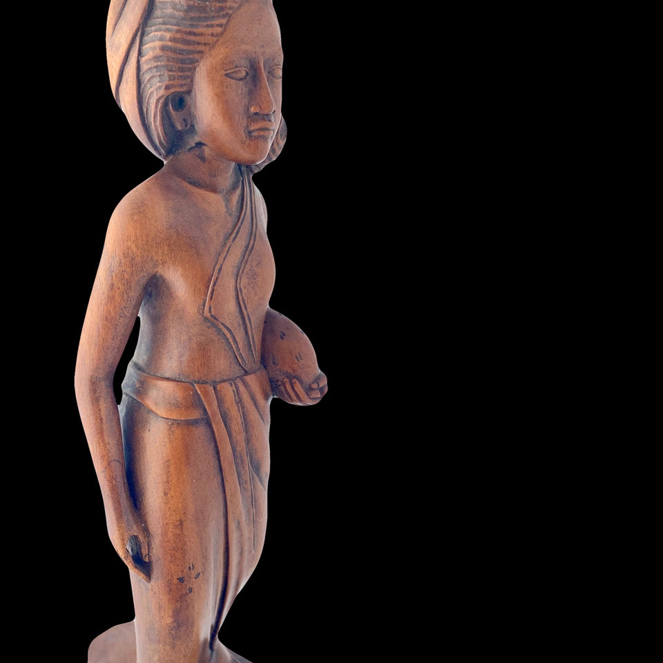 Statuette Femme et son Porcelet en Bois Sculpté (Bali) - Années 1930